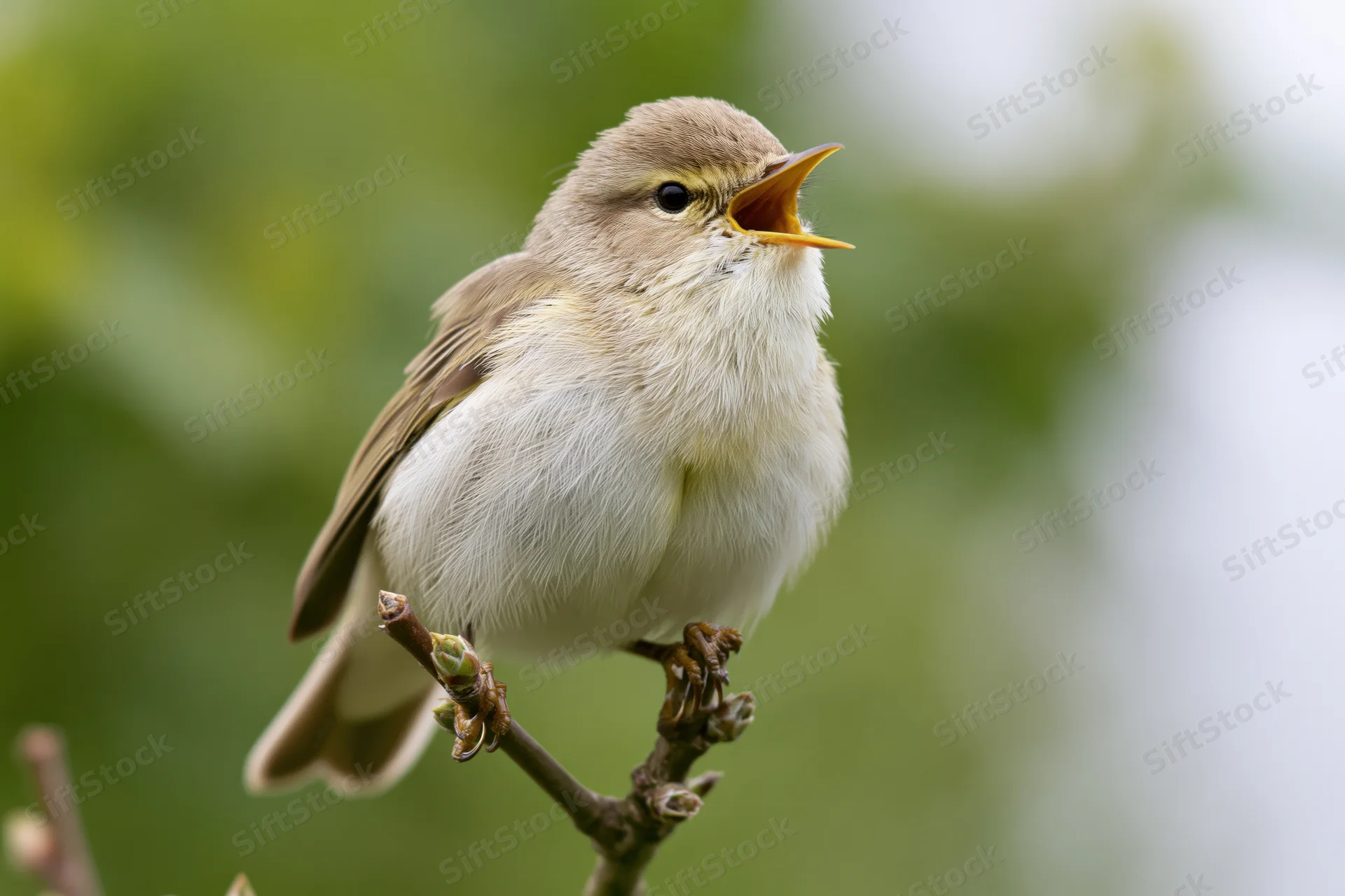 Willow warbler singing perched on a budding branch in spring woodland