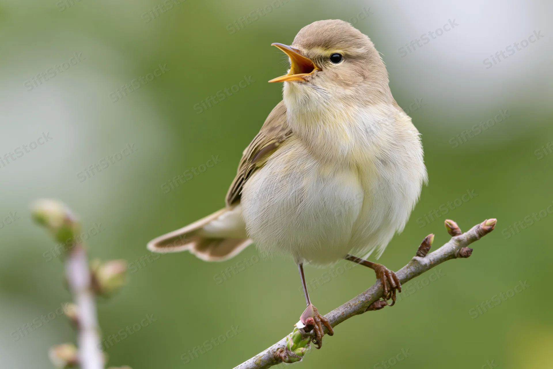 Willow warbler singing perched on a budding branch in spring woodland