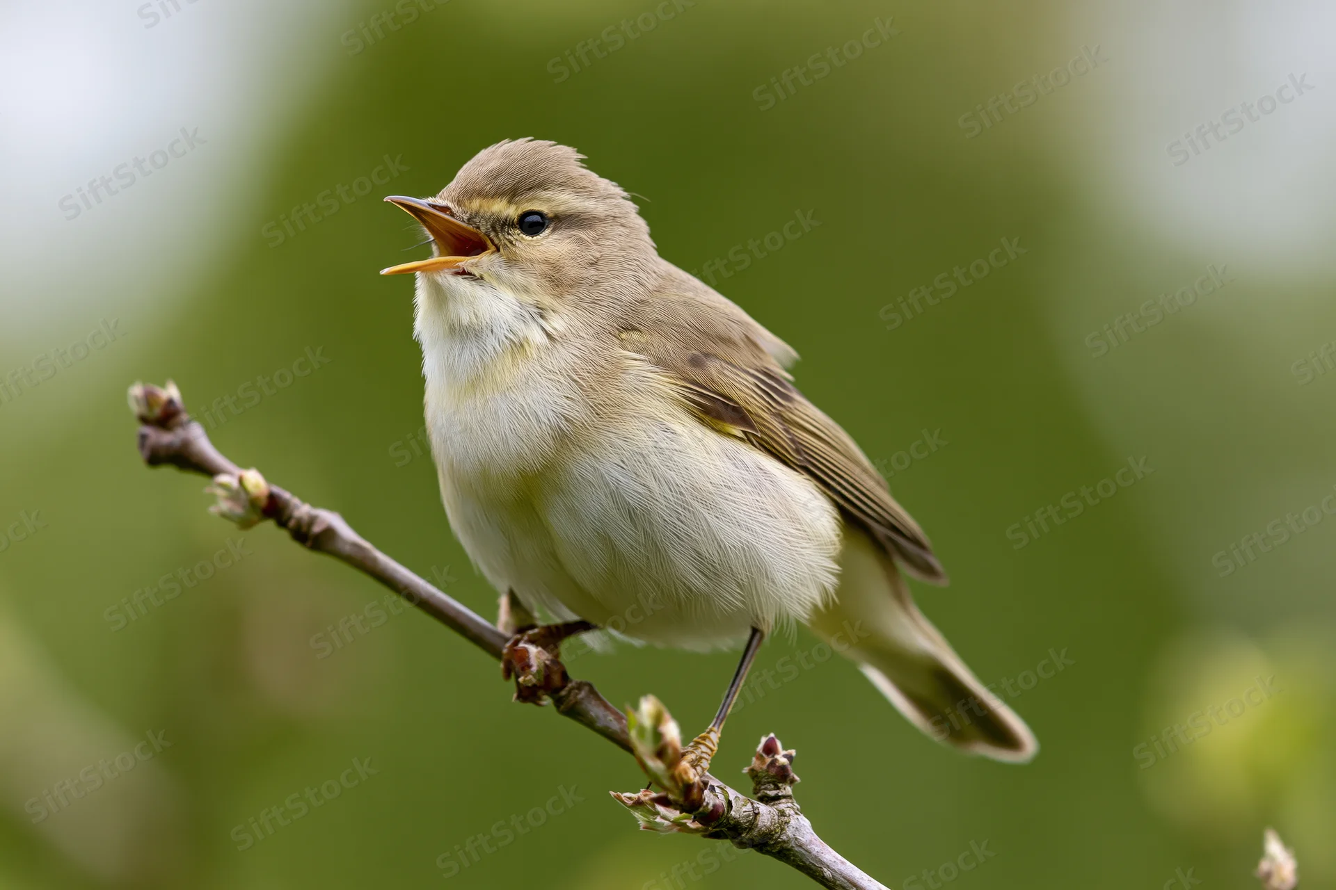 Willow warbler singing perched on a thin budding branch in spring woodland