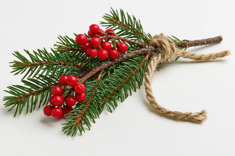 Spruce branch with red berries tied with twine on white background