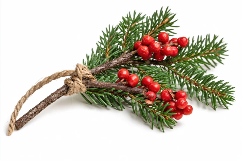 Spruce branch with red berries tied with twine on white background