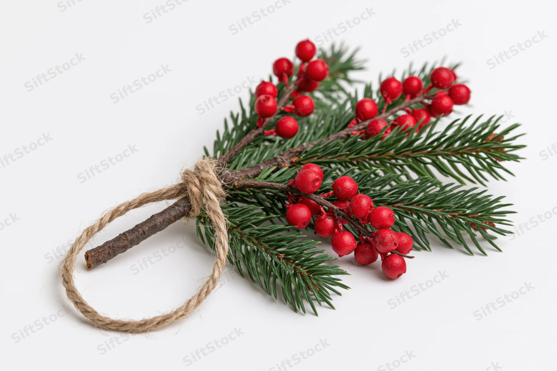 Spruce branch with red berries tied with twine on white background