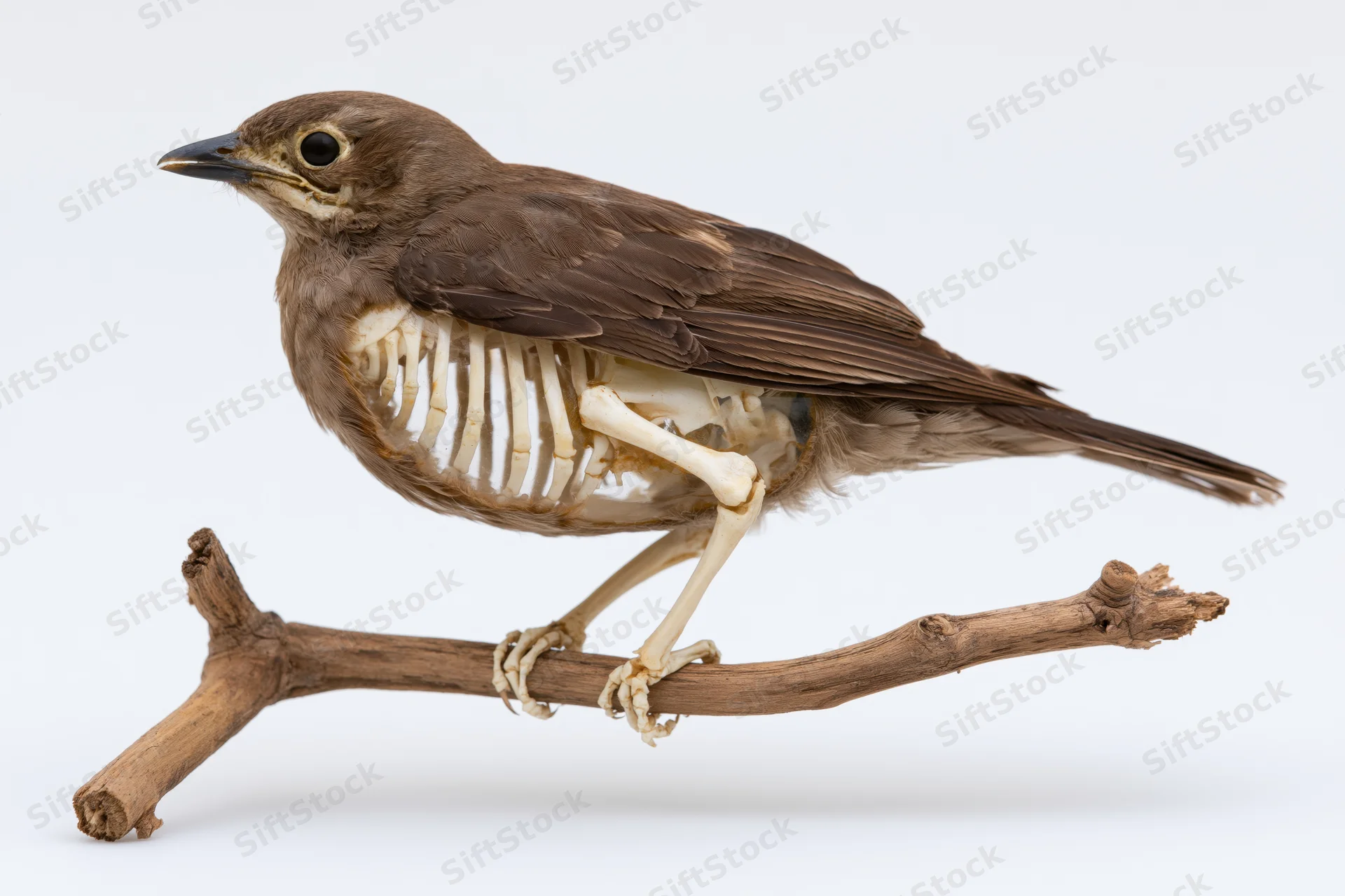 Taxidermied bird with exposed skeleton perched on a dry wooden branch