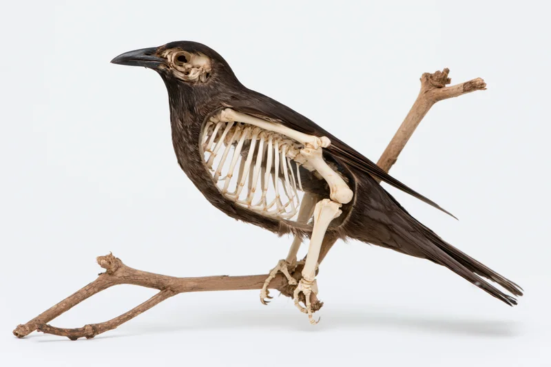 Taxidermied bird with exposed skeleton perched on a dry branch against white background