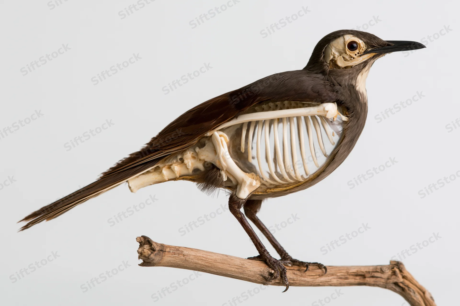 Taxidermied bird with exposed skeleton perched on a dry branch