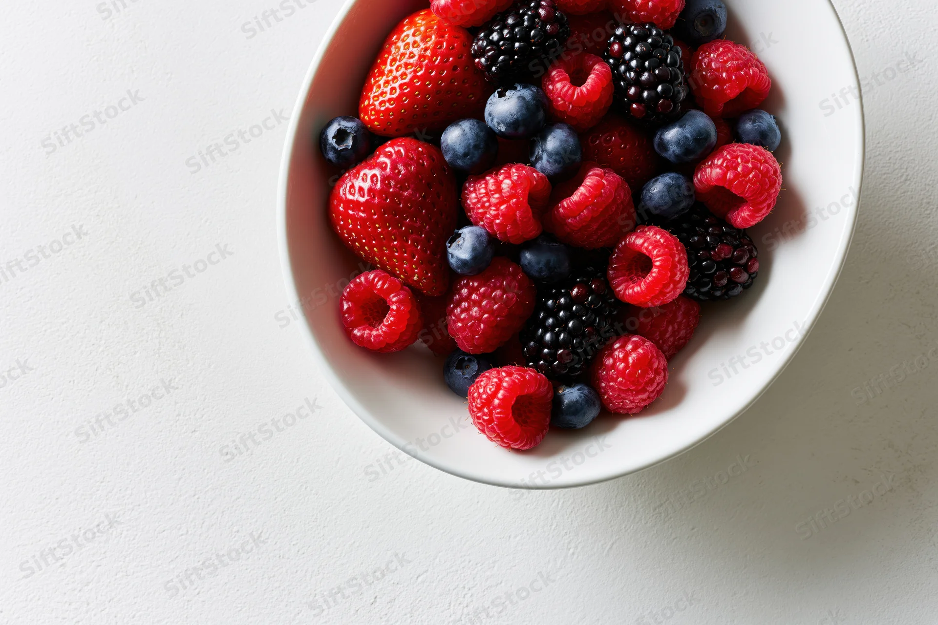 Mixed berries in a white ceramic bowl on a plain surface