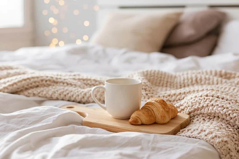 Croissant and mug on wooden tray resting on bed with knit blanket and soft lighting