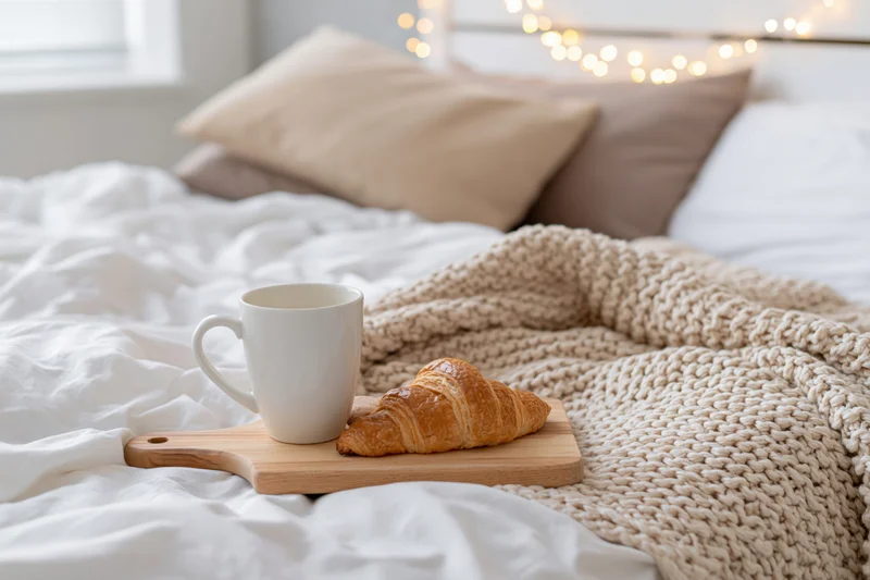Croissant and white ceramic mug on wooden tray resting on bed with knit blanket and string lights in background