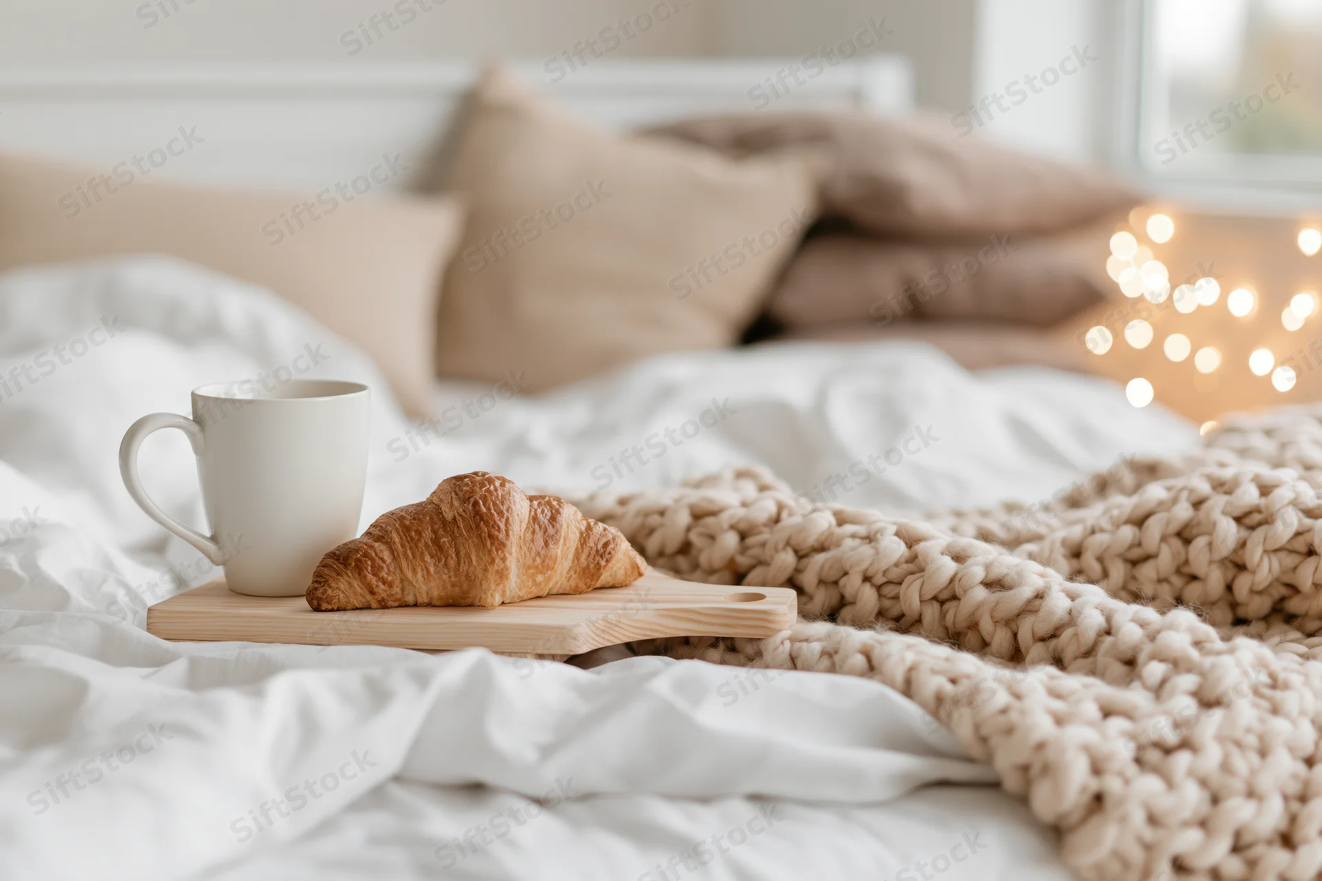 Croissant and white mug on wooden tray resting on bed with knit blanket and string lights in background