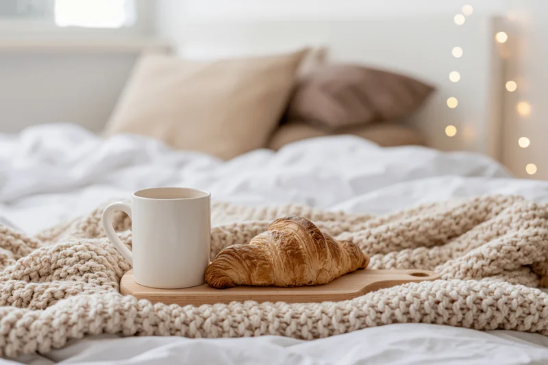 Croissant and ceramic mug on wooden tray resting on knitted blanket in bed