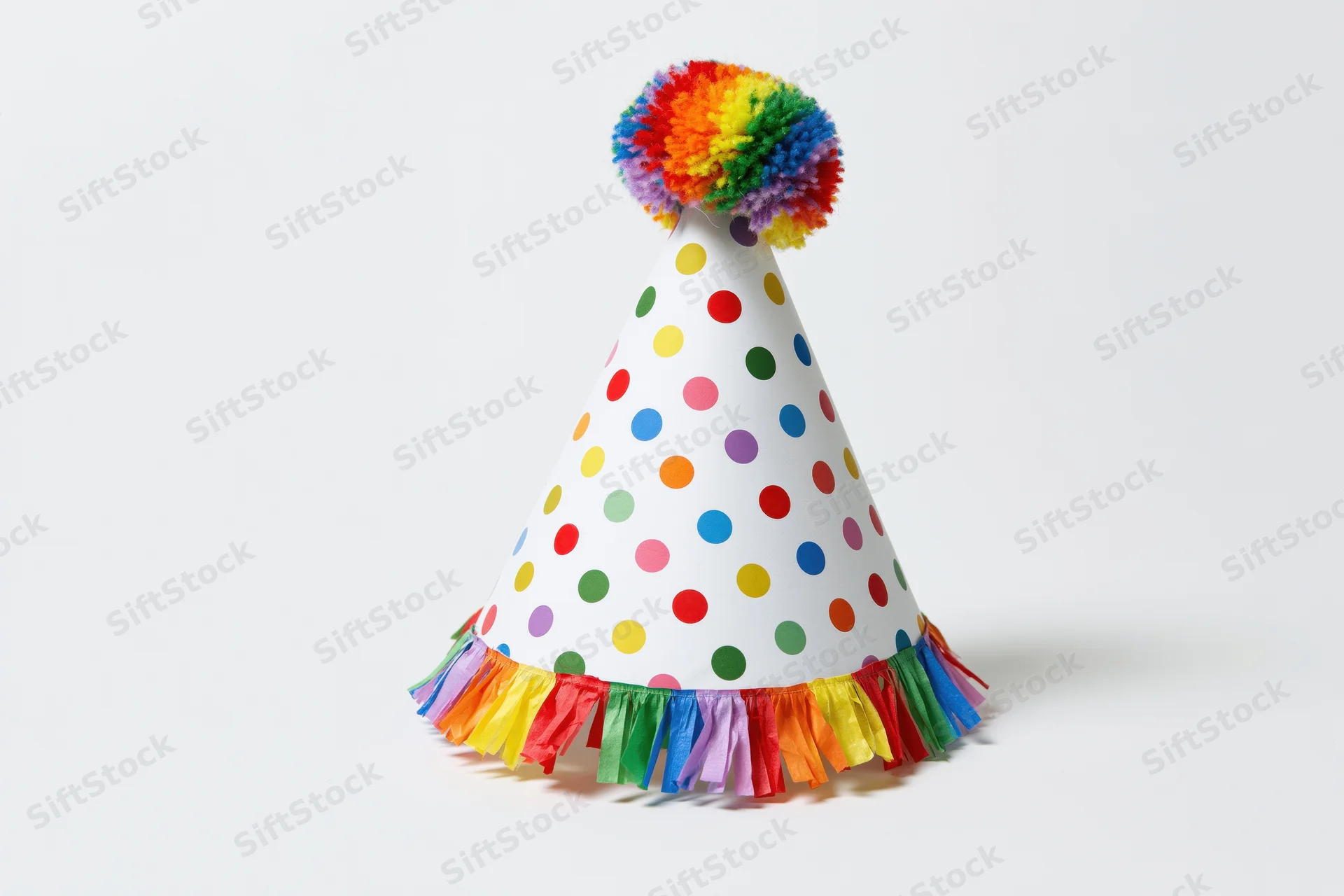 White conical party hat with rainbow pompon and colorful fringe on plain white background
