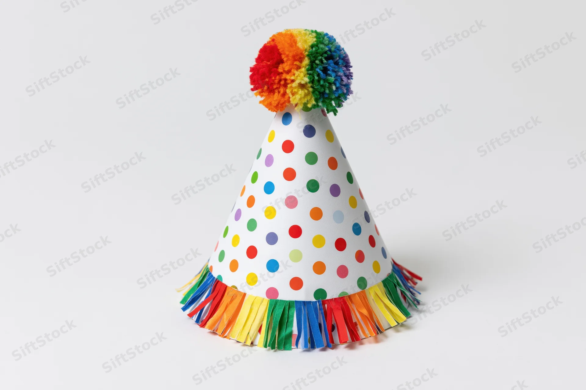 White conical party hat with rainbow pompon and colorful fringe on plain white background