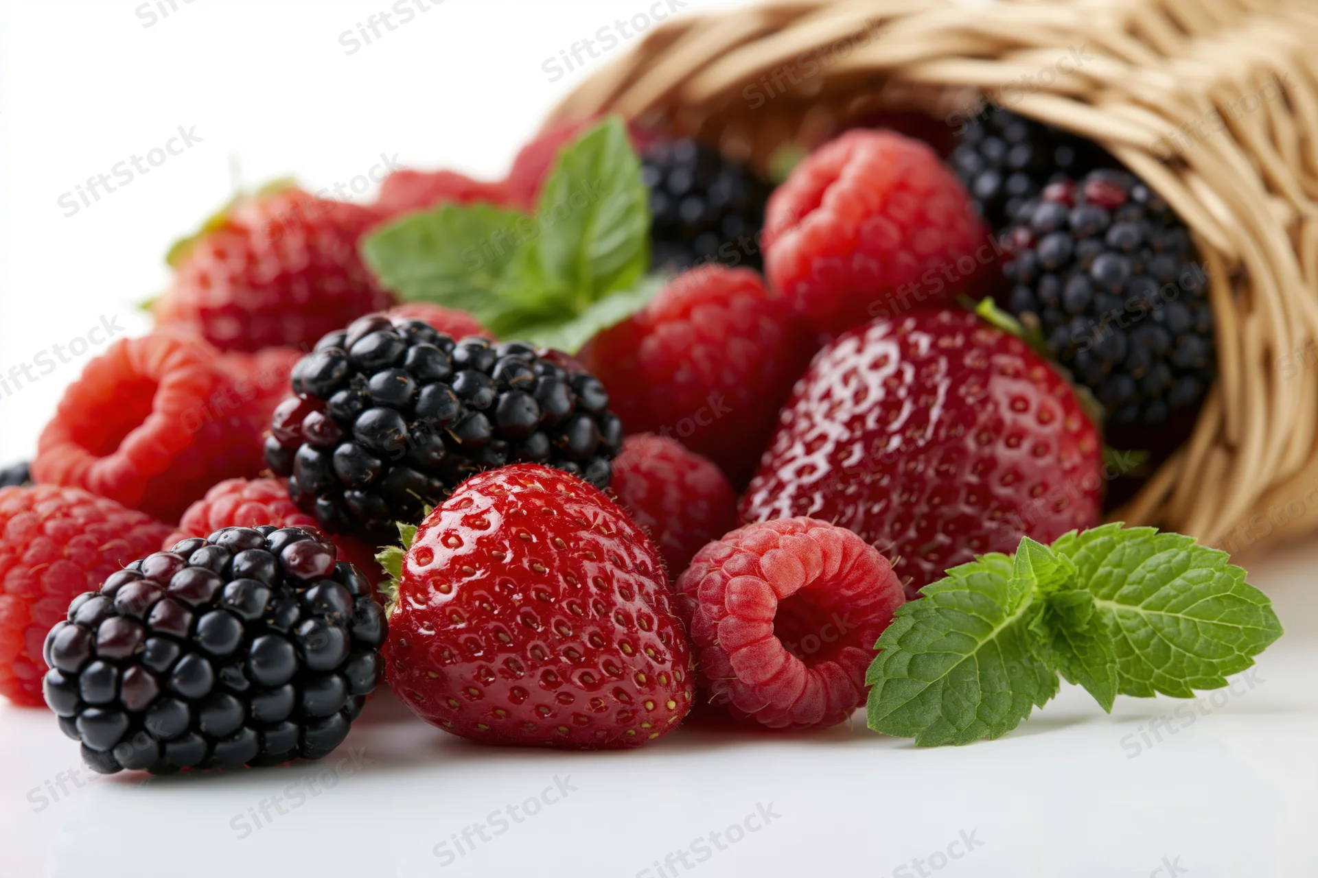 Wicker basket tipped over spilling blackberries raspberries and strawberries with mint leaves on white surface