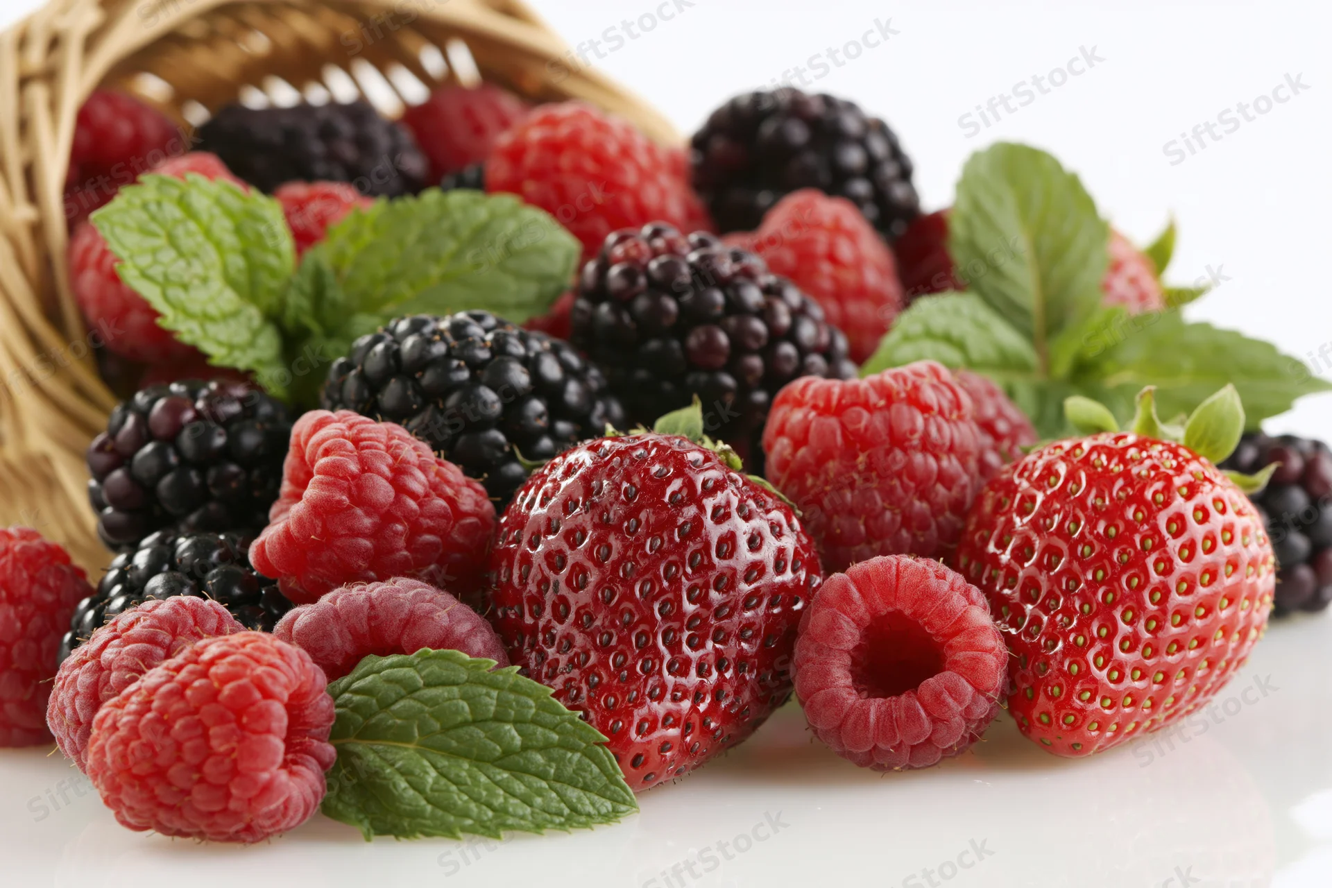 Mixed berries spilling from a wicker basket onto a white surface with mint leaves