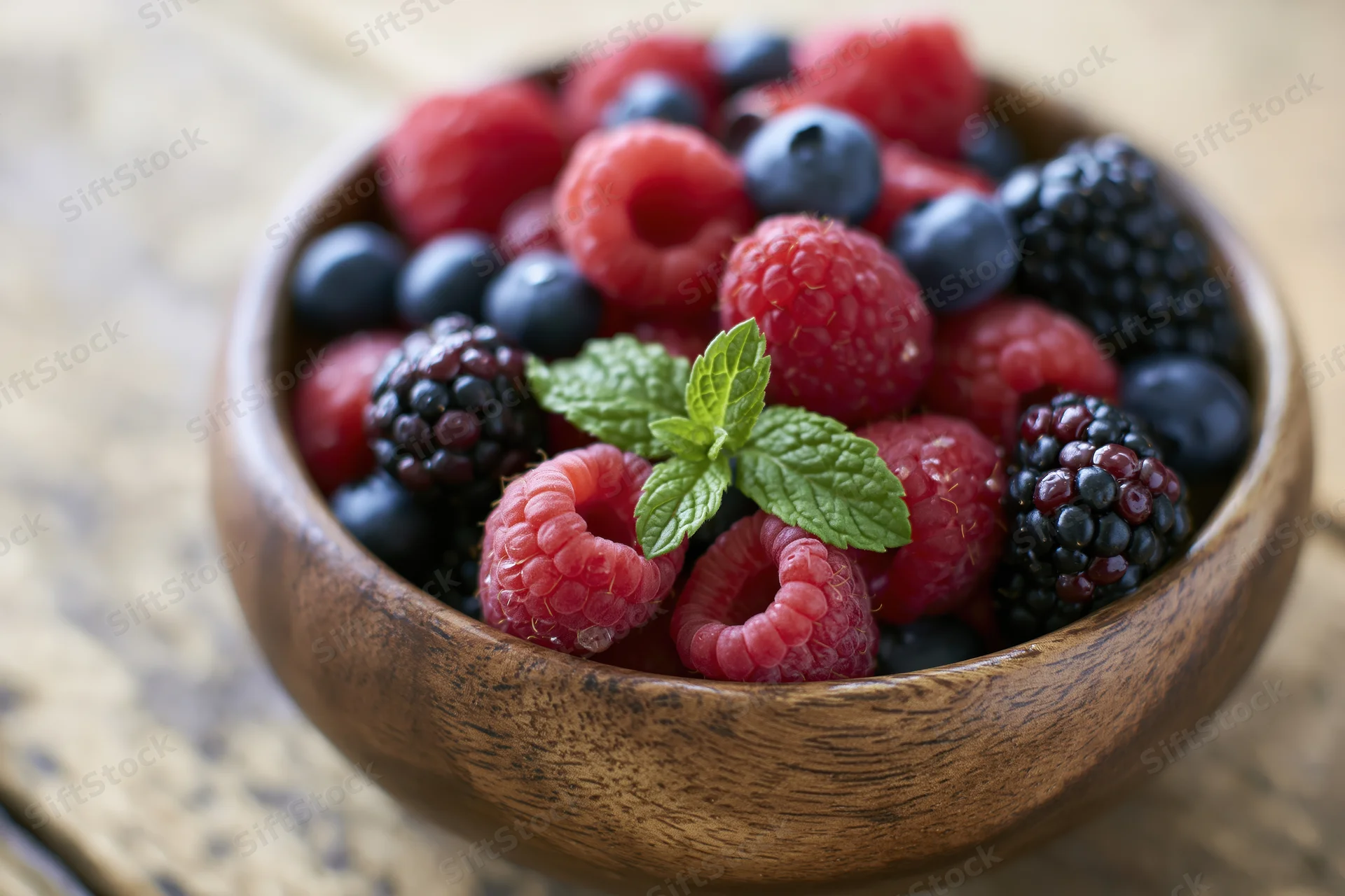 Wooden bowl filled with raspberries blueberries and blackberries garnished with mint on a rustic table