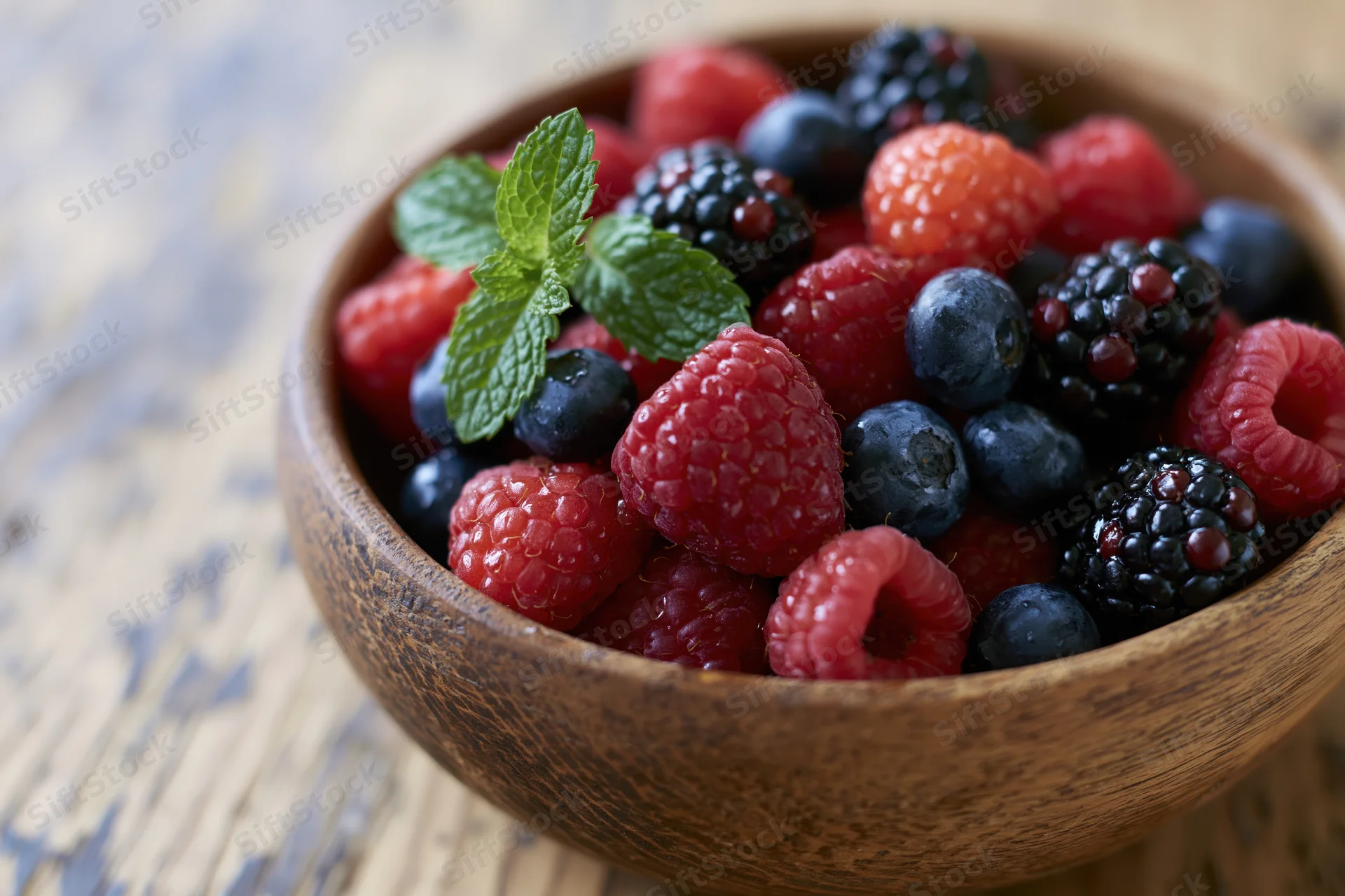 Wooden bowl filled with fresh raspberries blueberries blackberries and mint on a rustic wooden surface
