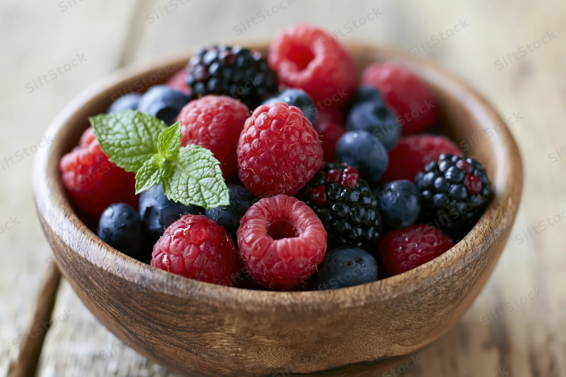 Wooden bowl filled with fresh raspberries blueberries and blackberries garnished with mint on a wooden surface