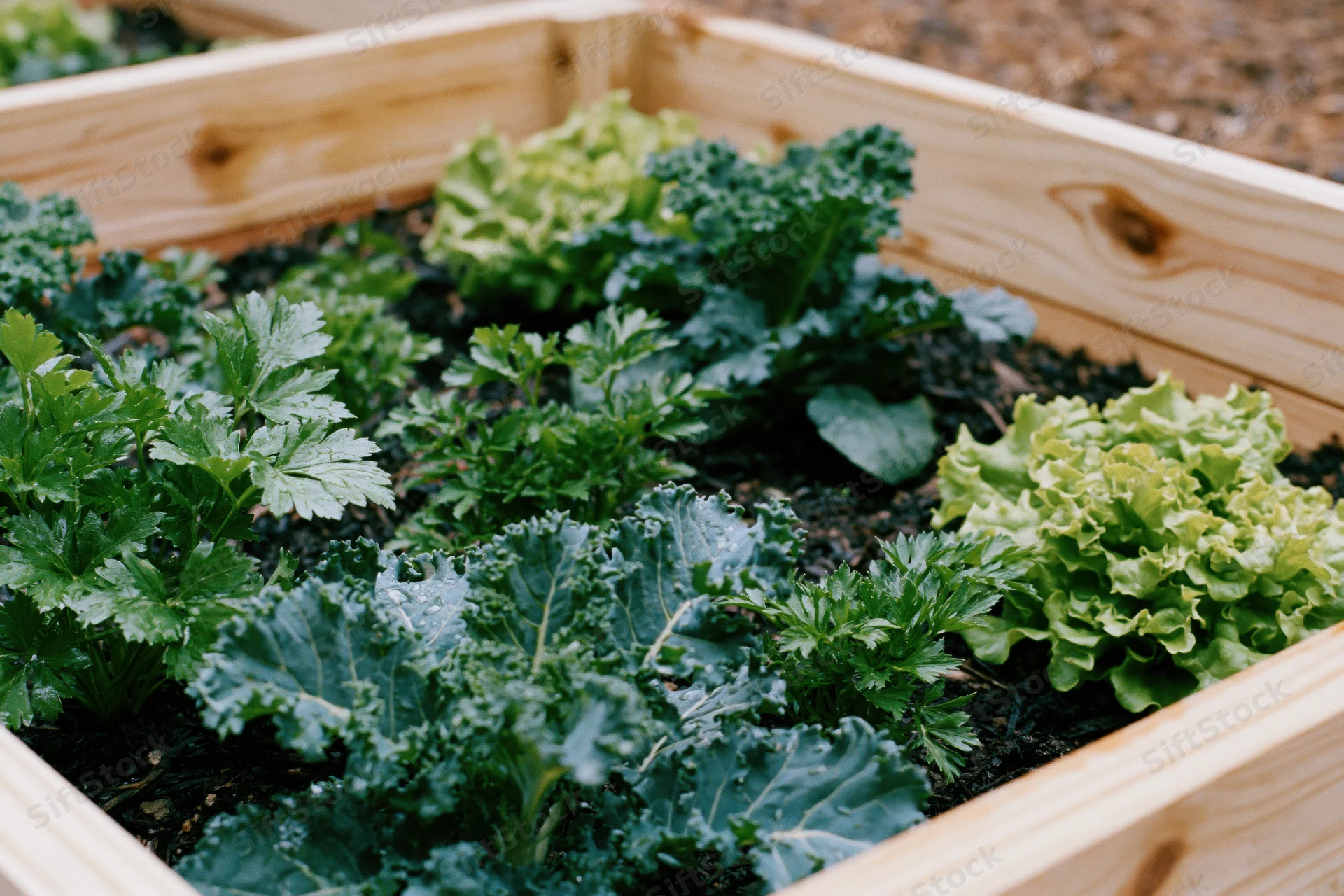 Wooden raised garden bed filled with growing kale, parsley and lettuce in soil