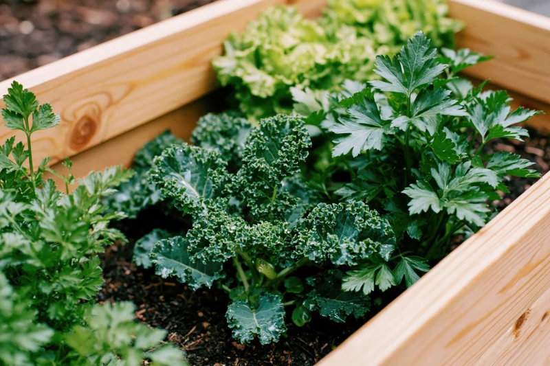 Kale, parsley and lettuce growing in a wooden raised garden bed