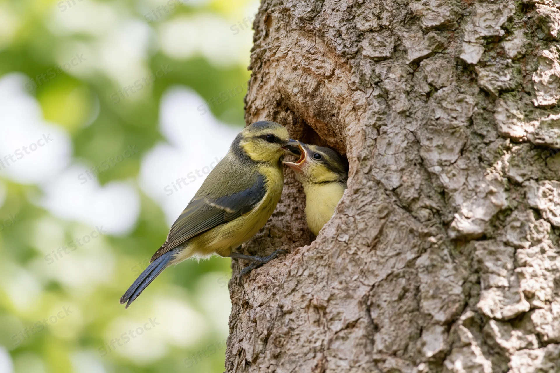 Adult blue tit feeding chick at tree hollow entrance in forest