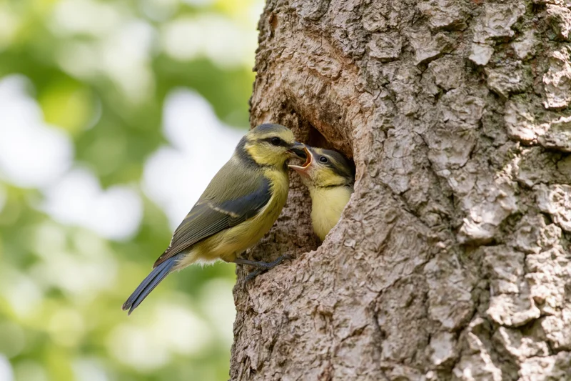 Adult blue tit feeding chick at tree hollow entrance in forest