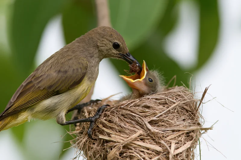 Adult sunbird feeding a wide-mouthed chick in a small woven nest among green leaves