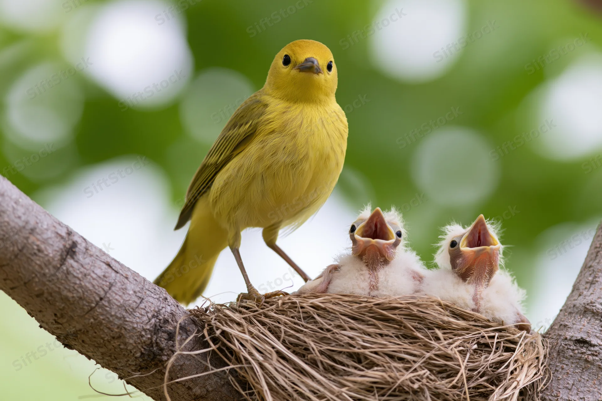 Adult yellow warbler perched on branch beside nest with two baby birds gaping for food