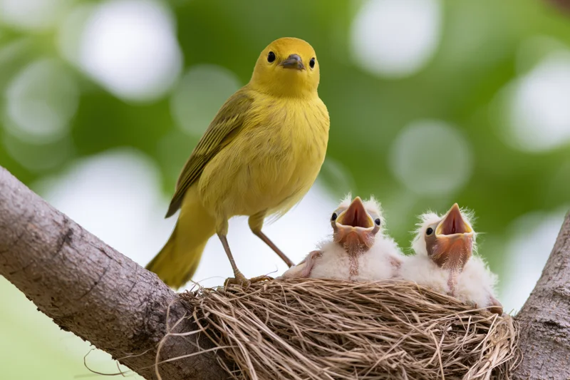 Adult yellow warbler perched on branch beside nest with two baby birds gaping for food