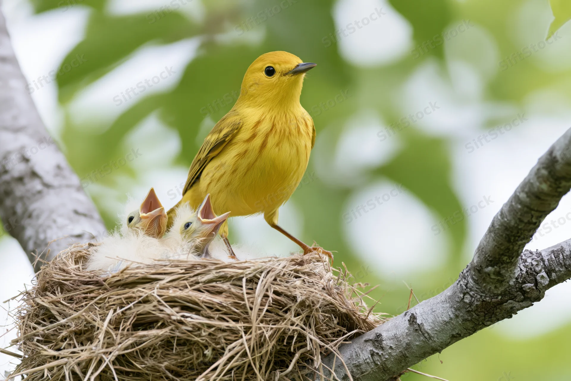Adult yellow warbler perched on nest edge with chicks gaping in tree branch