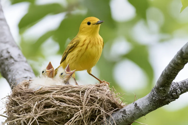 Adult yellow warbler perched on nest edge with chicks gaping in tree branch