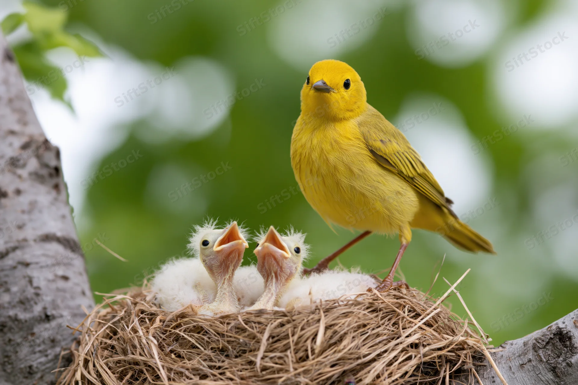 Adult yellow warbler perched on nest edge with two open-mouthed chicks in tree