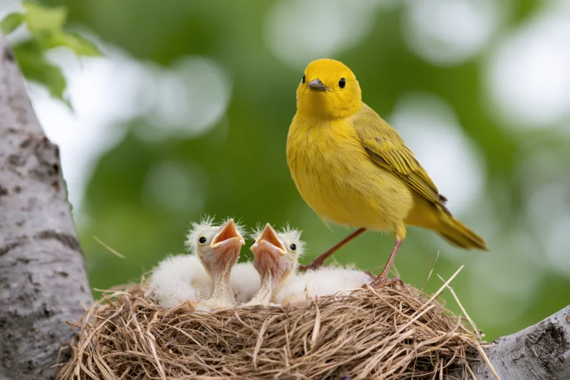 Adult yellow warbler perched on nest edge with two open-mouthed chicks in tree