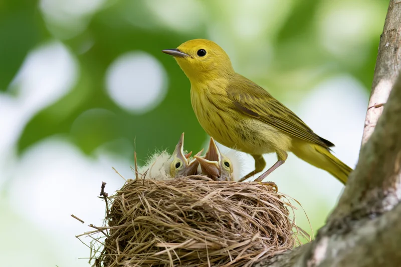 Adult yellow warbler perched on nest edge with open-beaked chicks in tree