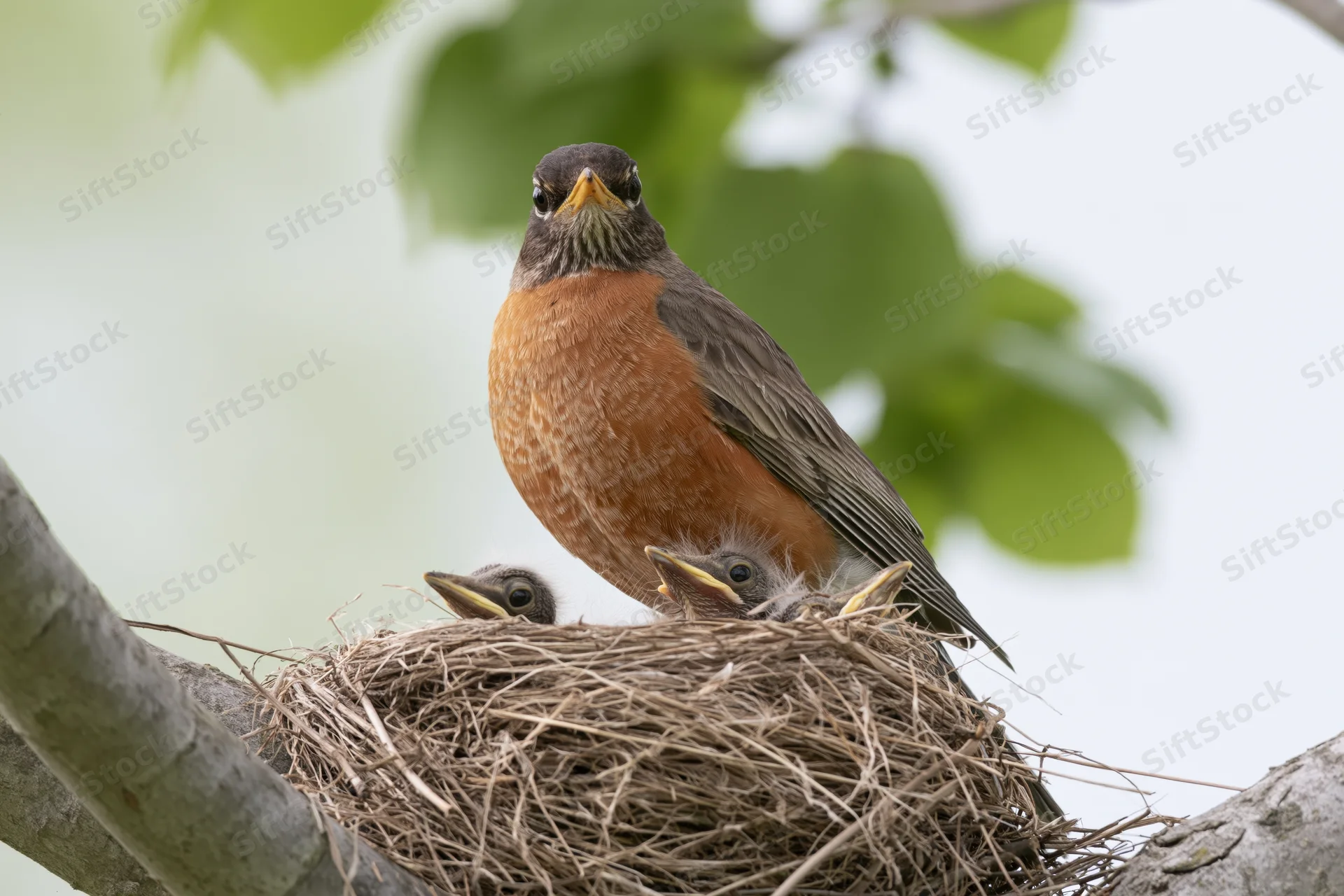 American robin perched in a woven grass nest with three chicks in a tree branch