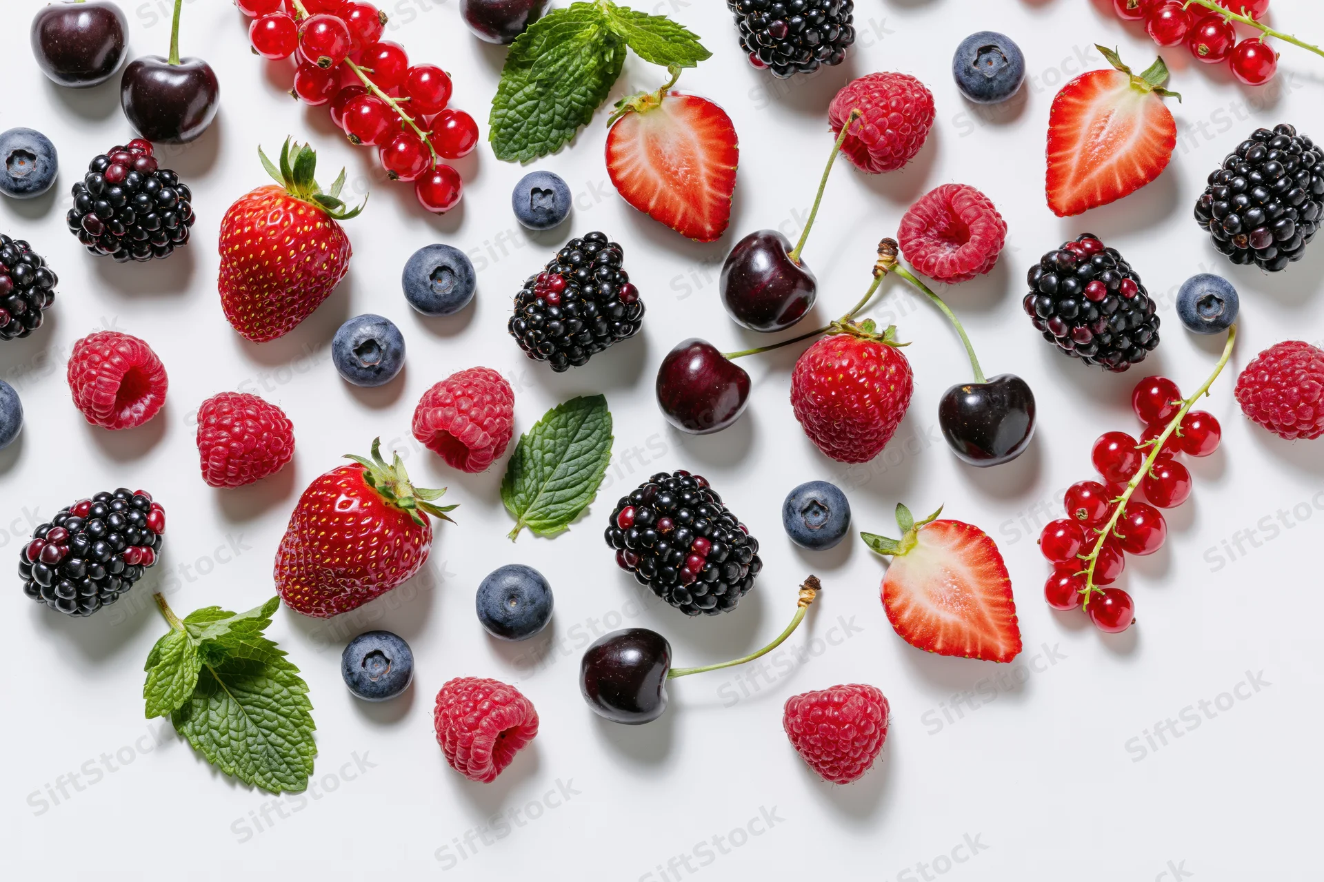 Assorted fresh berries and cherries scattered on white surface with mint leaves
