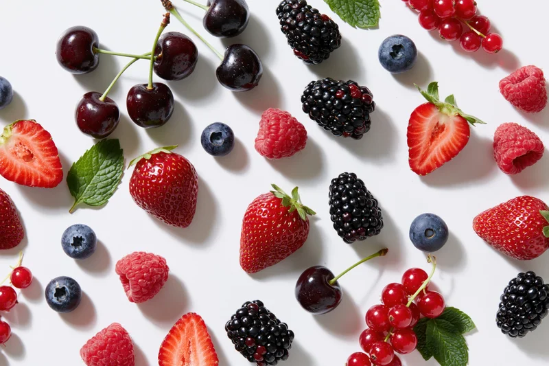 Assorted fresh berries and cherries scattered on a white surface in a flat lay arrangement