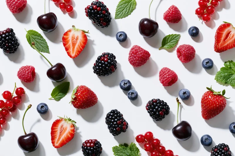 Assorted fresh berries and cherries scattered on white surface with mint leaves
