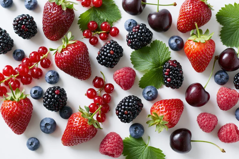 Assorted fresh berries and cherries scattered on a white surface in a flat lay arrangement