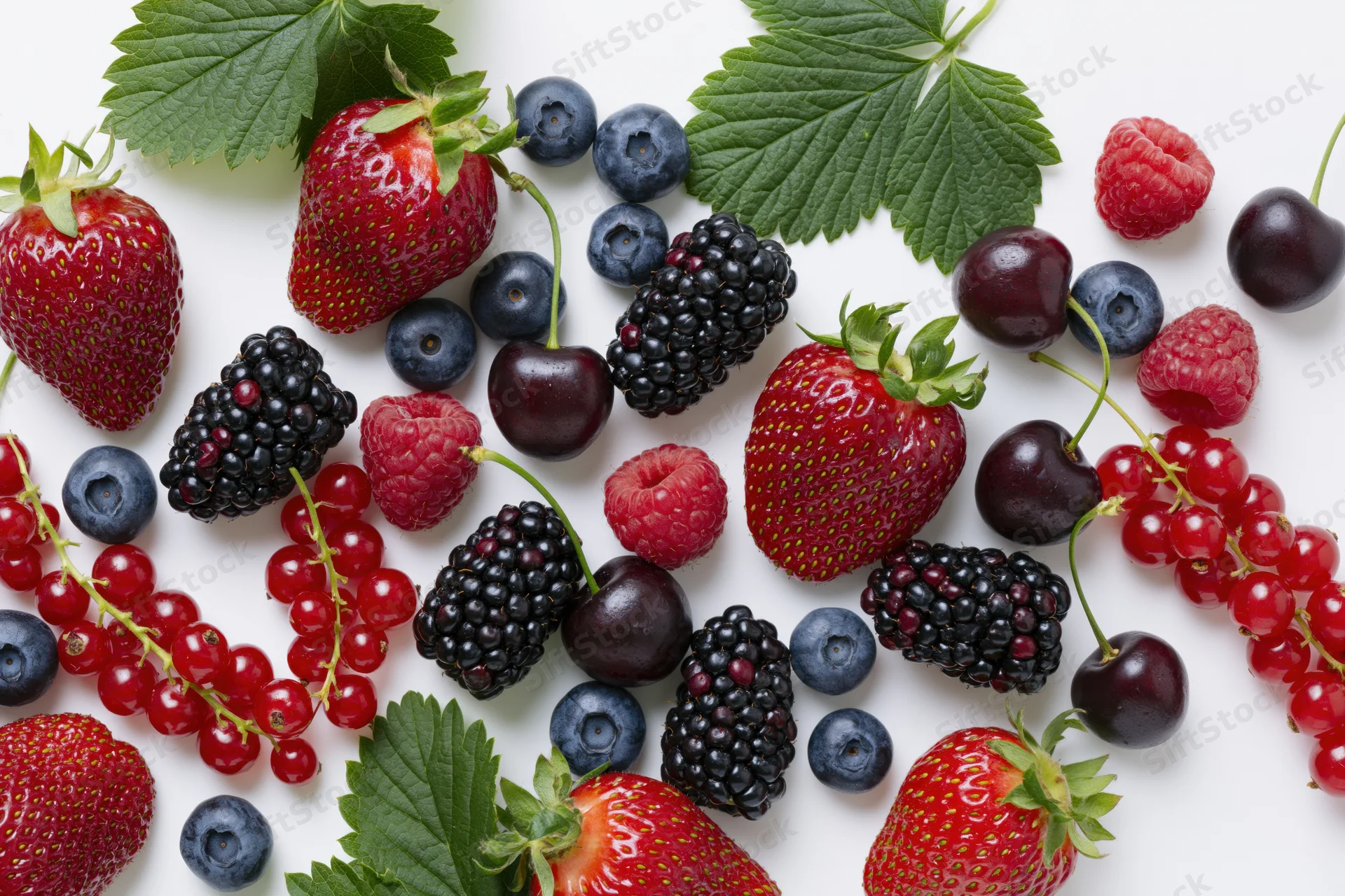 Assorted fresh berries and cherries scattered on a white surface with green leaves