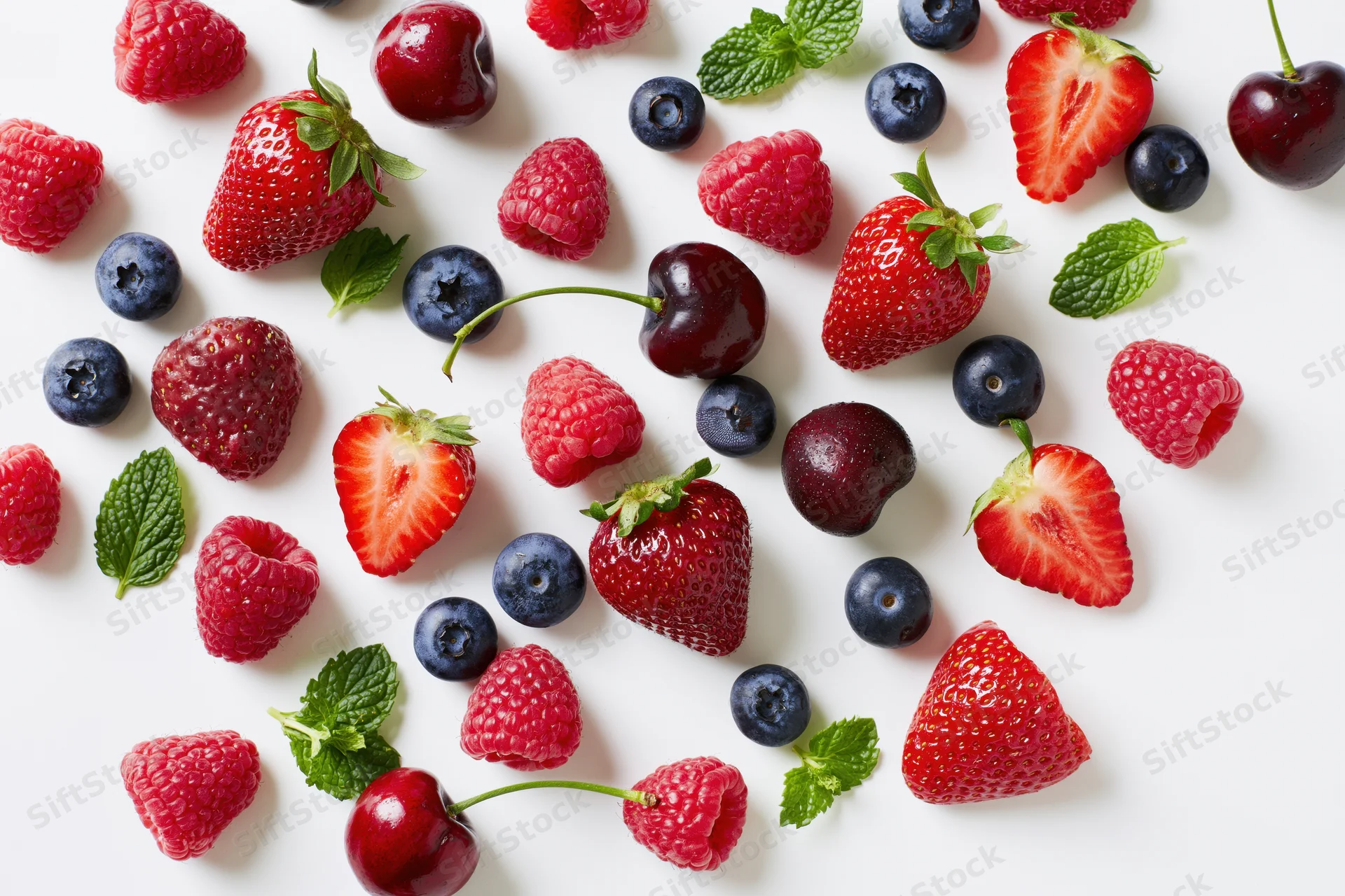 Assorted fresh berries and cherries scattered on a white surface with mint leaves
