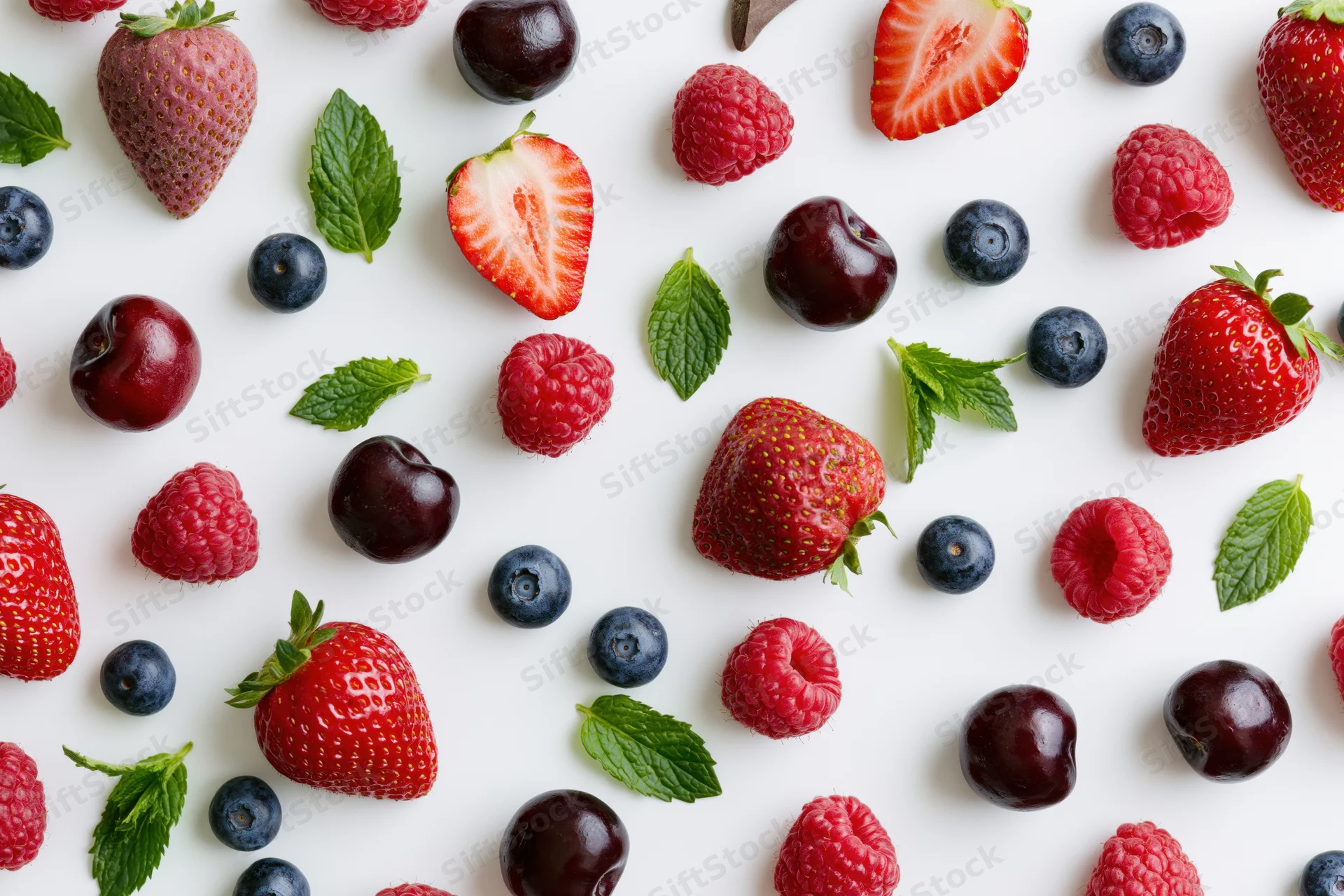 Assorted fresh berries and cherries with mint leaves scattered on white surface in flat lay arrangement