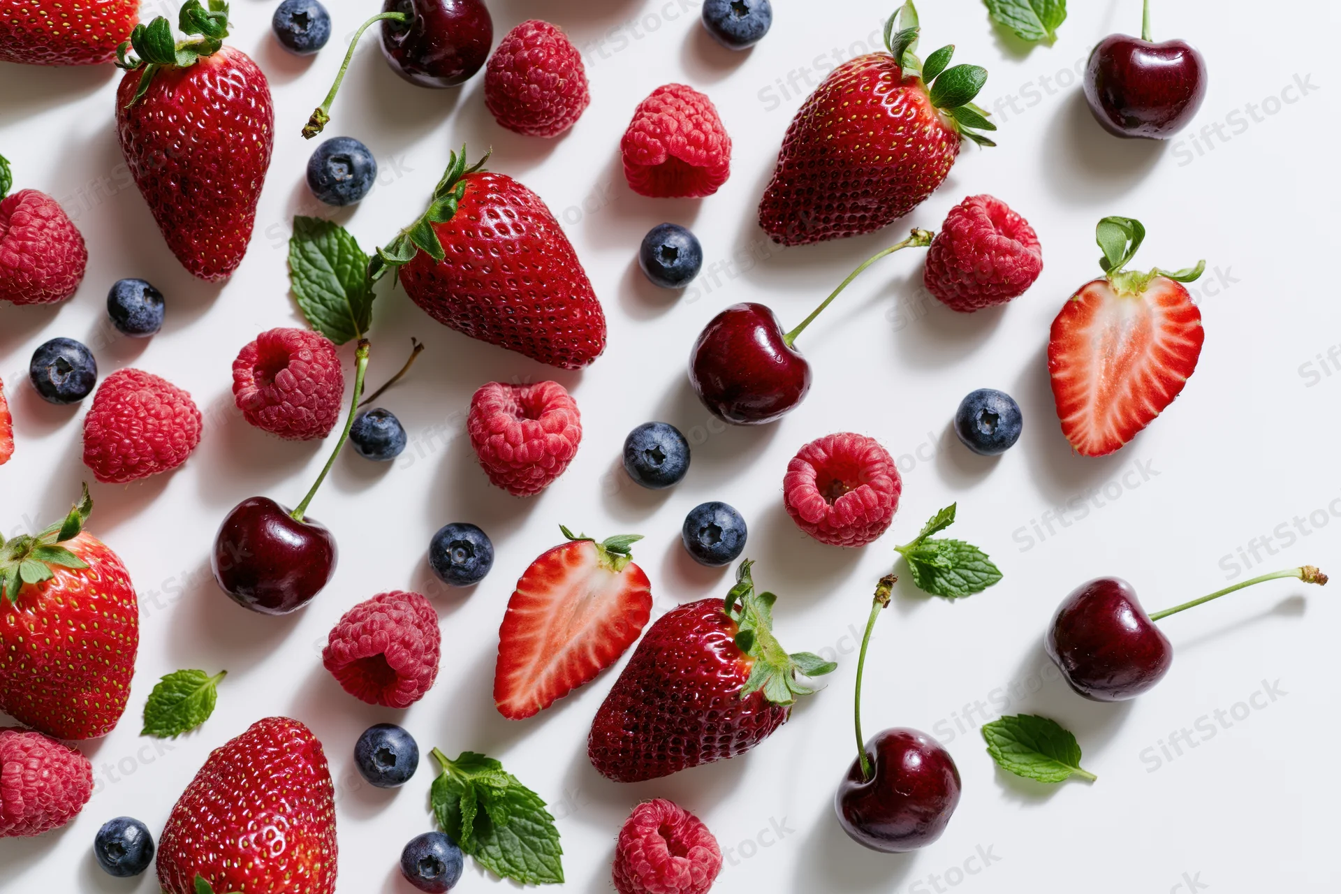 Fresh strawberries, raspberries, blueberries and cherries scattered on white surface