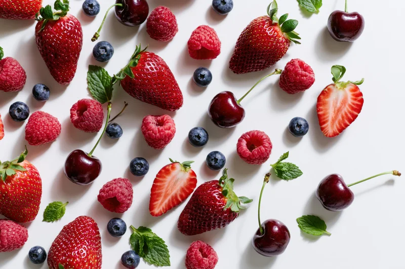 Fresh strawberries, raspberries, blueberries and cherries scattered on white surface