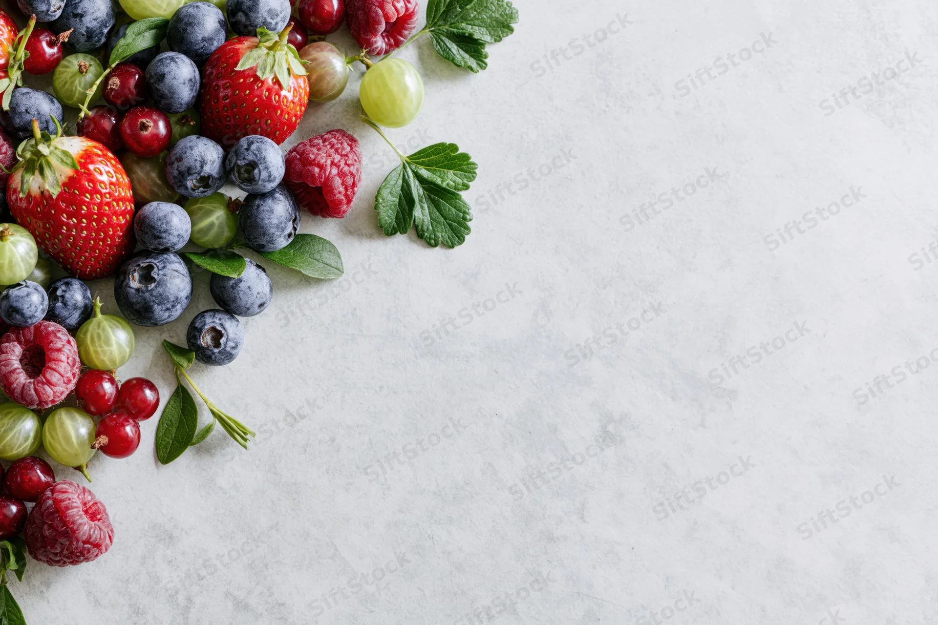 Assorted fresh berries arranged in upper left corner on marble surface with copyspace