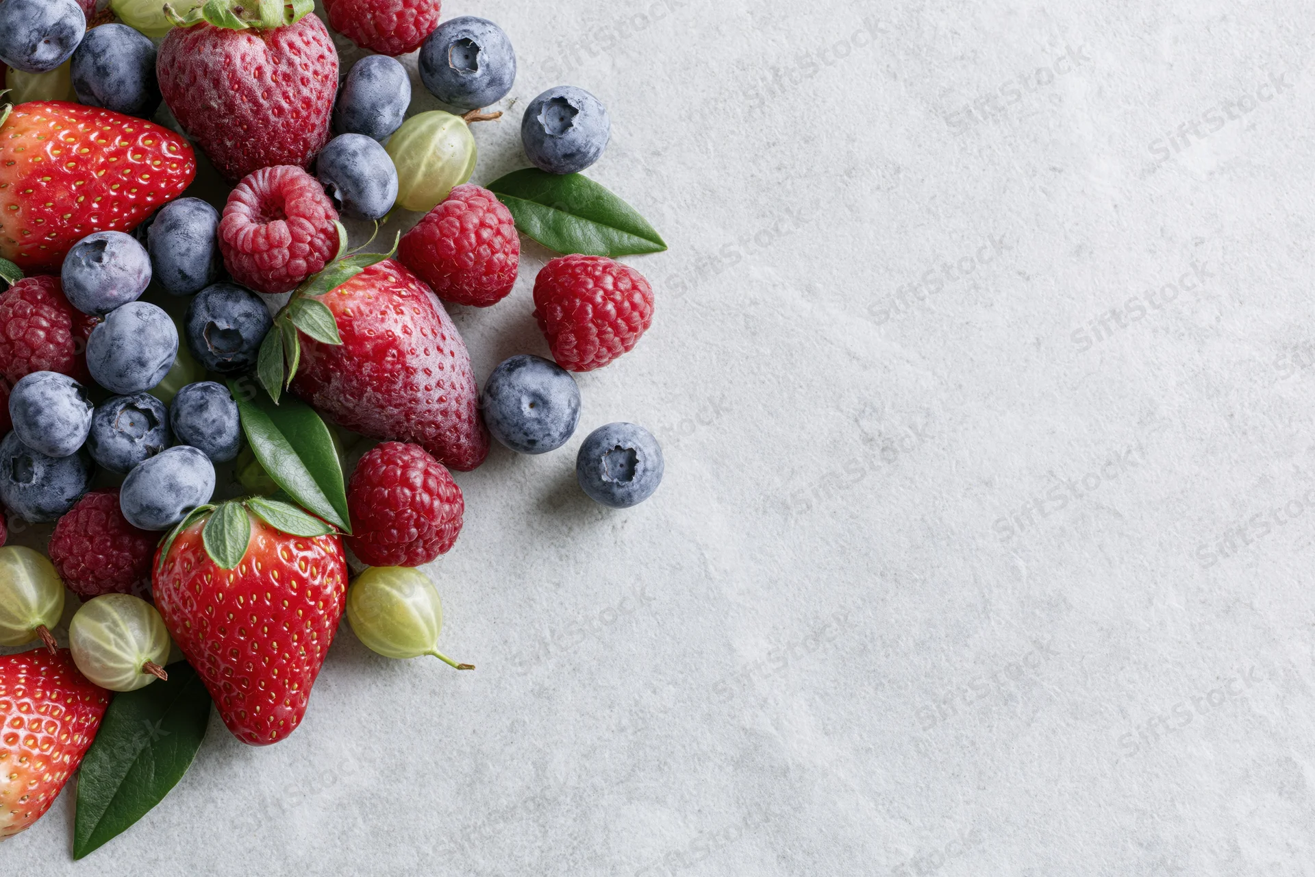 Assorted fresh berries arranged in upper left corner on light surface with copyspace