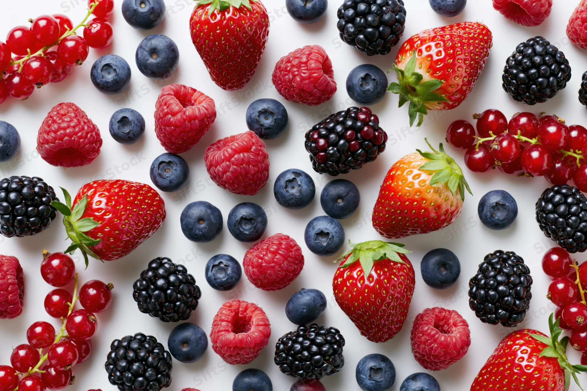 Assorted fresh berries scattered on a white surface in a flat lay arrangement