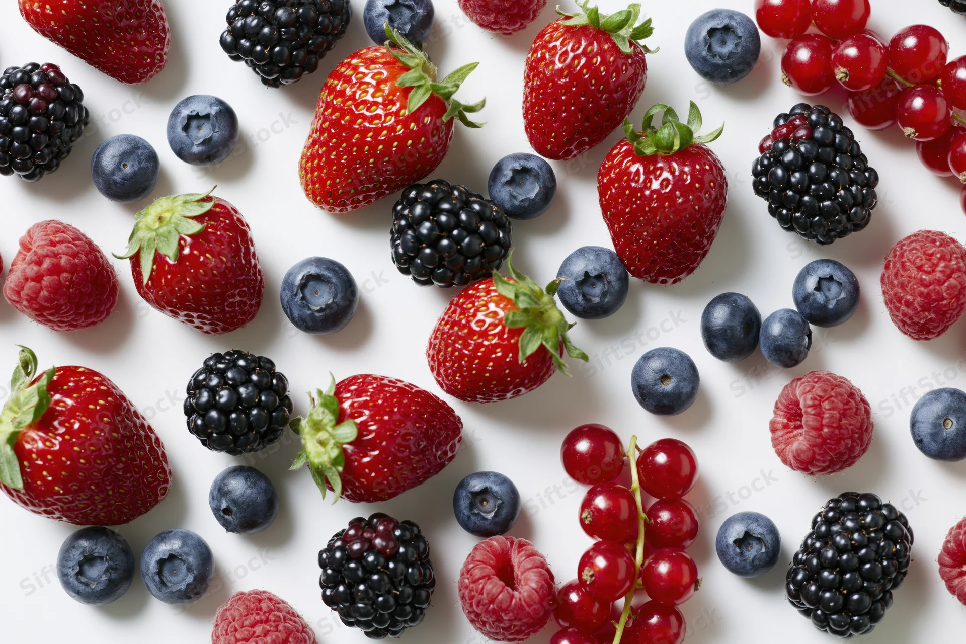 Assorted fresh berries scattered on a white surface in a flat lay overhead view