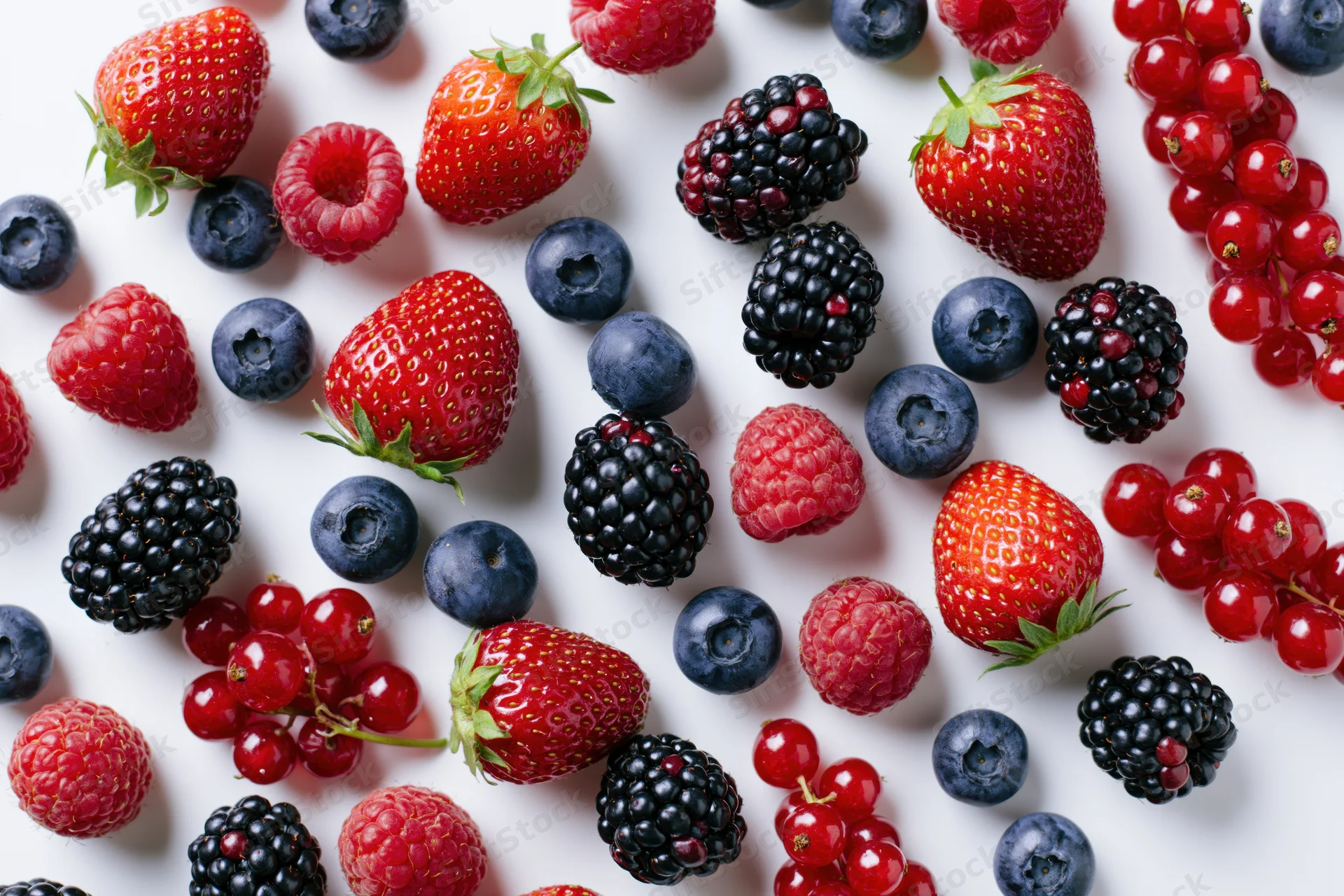 Assorted fresh berries scattered on a white surface in a flat lay arrangement