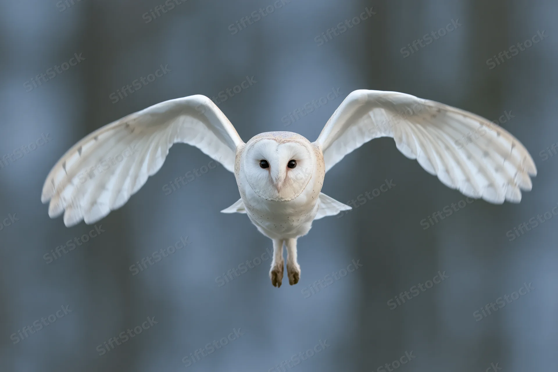 Barn owl in mid-flight with wings spread facing camera against blurred forest background