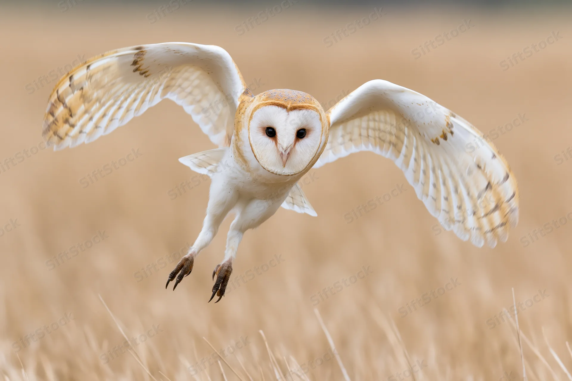 Barn owl diving with wings spread and talons extended over a golden field